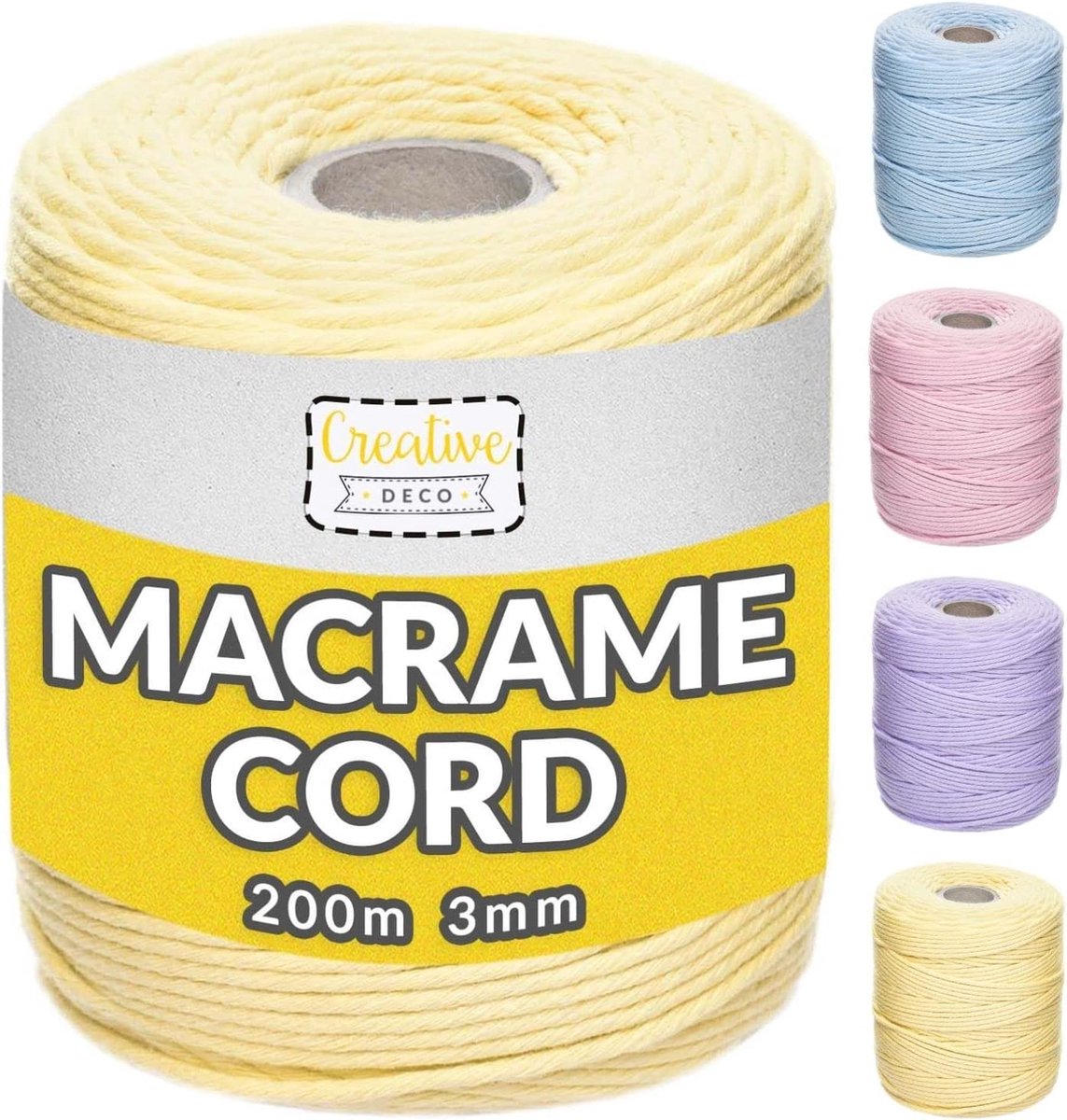 Creative Deco Macrame Koord Katoenen Koord | Geel Licht 200 m | 2-3 mm Dikte